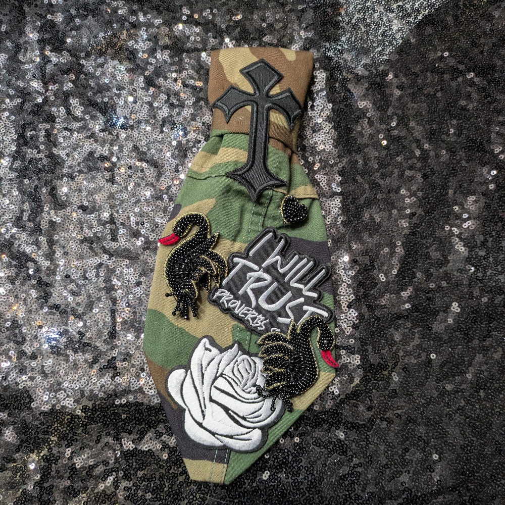 Camo Embroidered Tie with Rose & Cross Appliqués